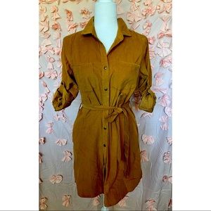 Camel colored button up T-shirt dress